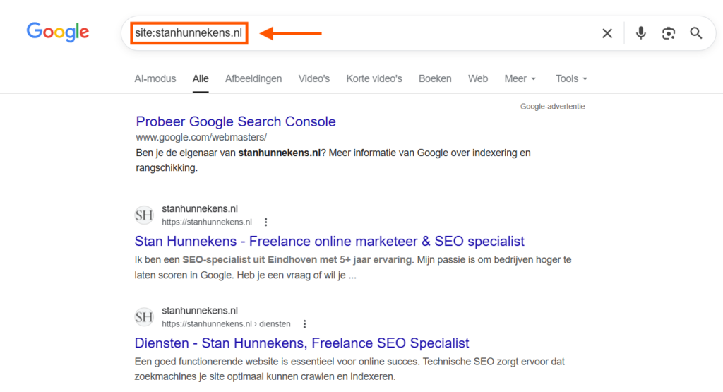 check of website gevonden wordt door Google met search operator